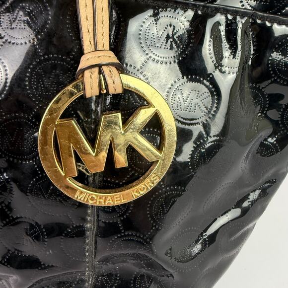 Michael Kors Jet Set Shoulder Tote Bag Black Patent Leather Logo Pattern AV-1302 - Picture 2 of 16
